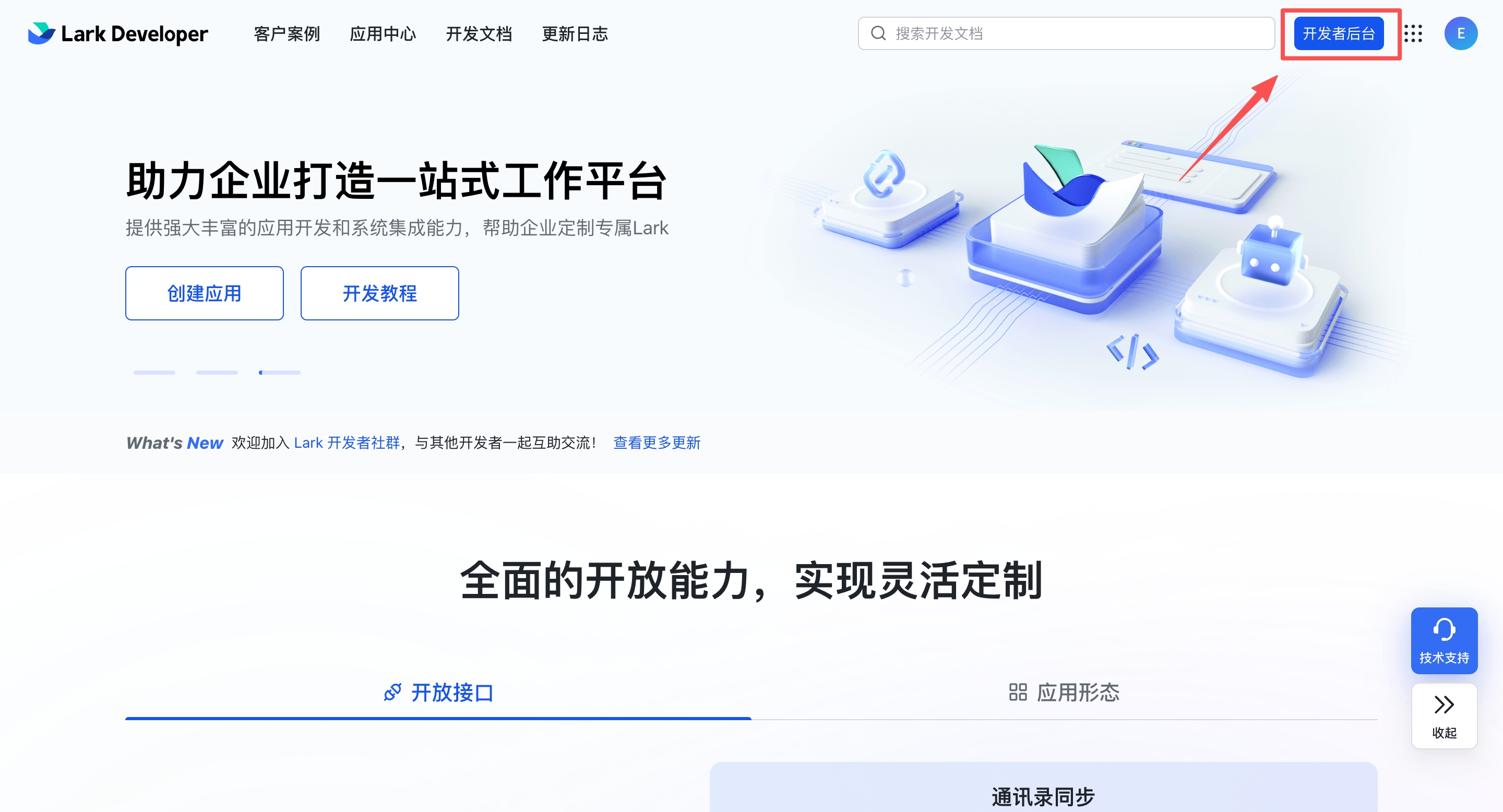Back on the Lark Open Platform — click Developer Console in the top-right corner