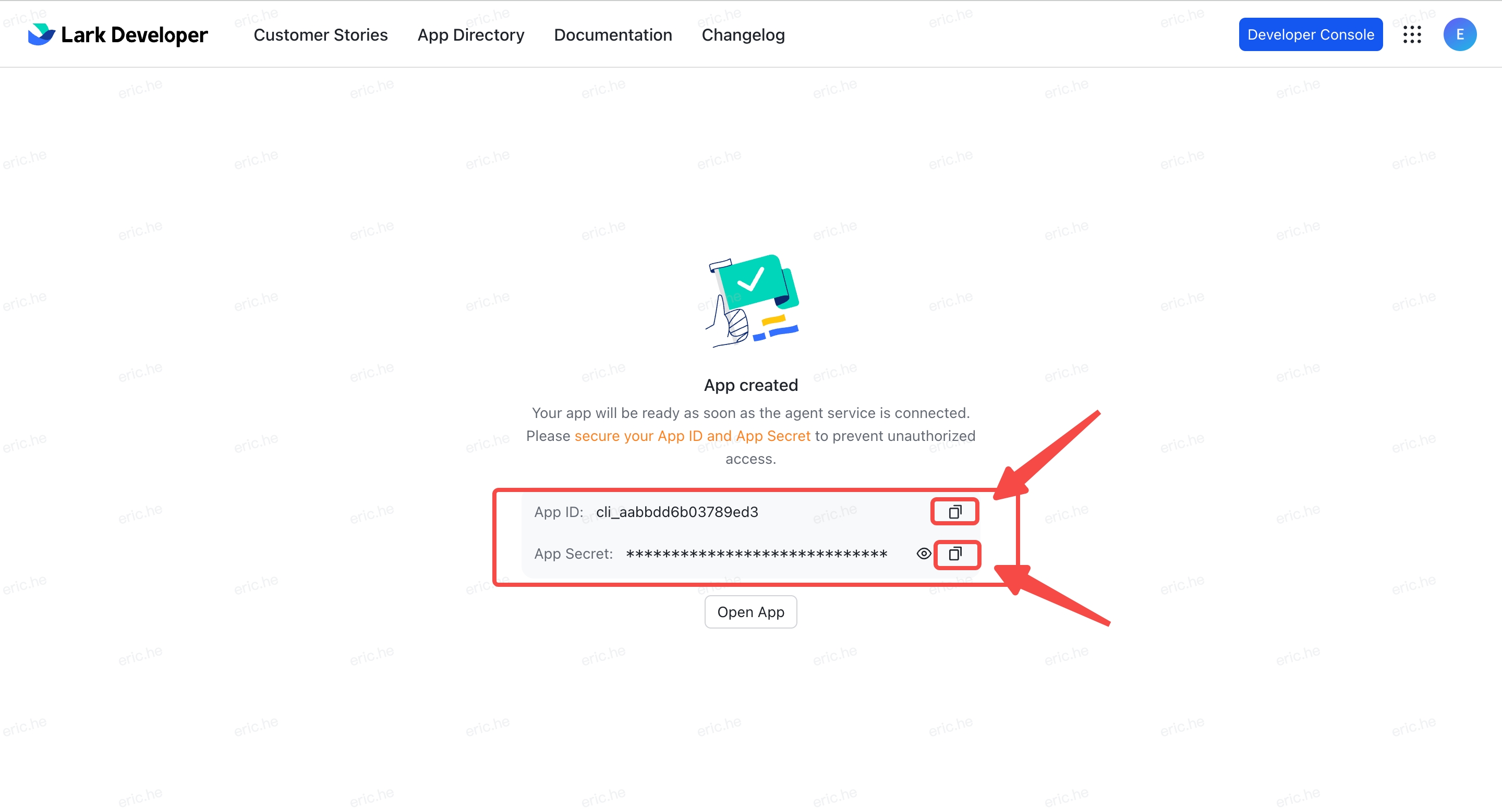 App Created page — copy App ID and App Secret
